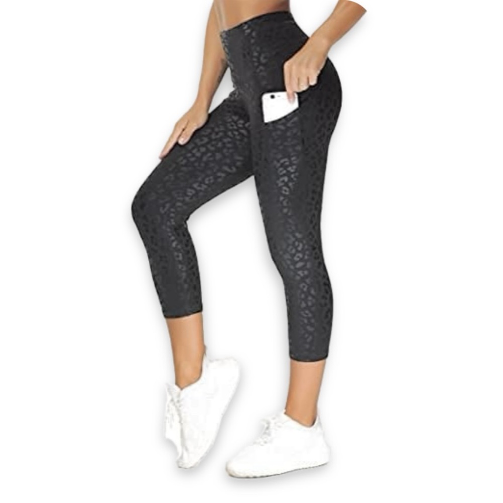 NWT TGP High Waist Tummy Control Workout Capris The Gym People Black Cheetah